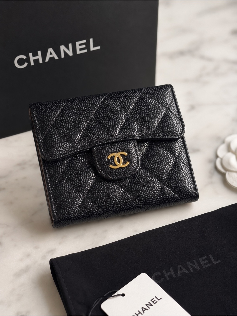 NOTCHANEL Black Quilted Leather Wallet with Gold CC Logo